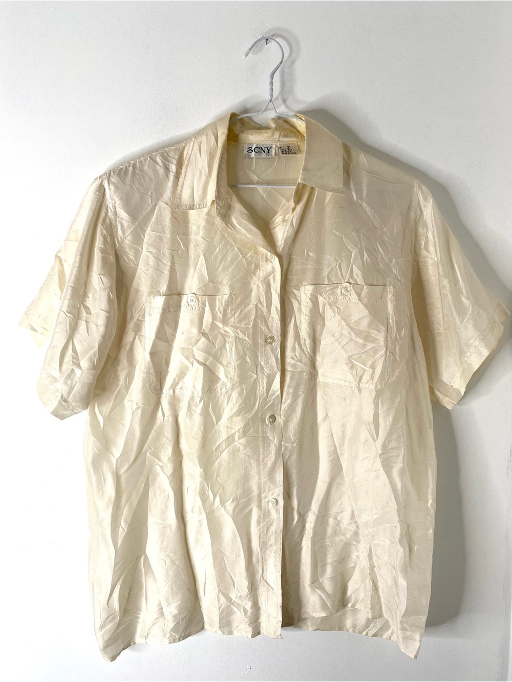 Vintage 100% Silk Ivory Button Front Blouse Short Sleeve Shoulder Pad Pocket Top